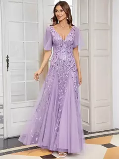 Vestido de noche elegante con escote en V profundo, mangas con volantes y mangas cortas, vestido de dama de honor con lentejuelas de gasa azul cielo 2025 - comprar en línea