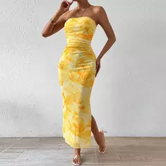 Mia Muse-vestidos de vacaciones de verano con estampado gráfico decente, sin tirantes, sin mangas, con hombros descubiertos, Maxi vestidos con abertura lateral para mujer - tienda en línea