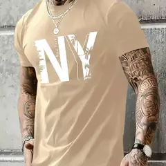 Camiseta holgada informal de algodón puro 100% de verano para hombre de talla grande con estampado de letras NY, camiseta deportiva cómoda de manga corta con cuello redondo - Eleganzie