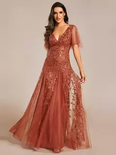 Vestido de noche elegante con escote en V profundo, mangas con volantes y mangas cortas, vestido de dama de honor con lentejuelas de gasa azul cielo 2025 - Eleganzie