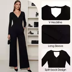 Mia Muse-monos para mujer, para todas las estaciones, francés, elegante, Color sólido, cintura en diseño, manga larga, cuello pronunciado, pierna ancha, adecuado para en internet