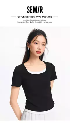 Semir-Camiseta de manga corta para mujer, Top corto falso de dos piezas, versátil, novedad de verano 2021, Top ajustado con cuello en U, adelgazante para estilo elegante en internet