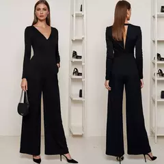 Mia Muse-monos para mujer, para todas las estaciones, francés, elegante, Color sólido, cintura en diseño, manga larga, cuello pronunciado, pierna ancha, adecuado para en internet