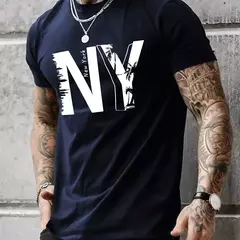 Camiseta holgada informal de algodón puro 100% de verano para hombre de talla grande con estampado de letras NY, camiseta deportiva cómoda de manga corta con cuello redondo - buy online