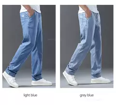 Image of Pantalones vaqueros Lyocell de seda de hielo para hombre, pantalones vaqueros rectos holgados ultrafinos de verano, pantalones suaves y cómodos de marca para hombre, pantalones azul claro