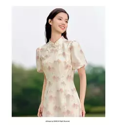 Imagen de Semir-vestido con estampado de pintura de tinta para mujer, vestido Cheongsam abotonado con mangas de burbuja, novedad de verano 2024