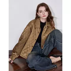 TOYOUTH Chaqueta de algodón para mujer 2024 Otoño e Invierno nuevo estilo de dinero viejo rejilla cuello POLO botón a presión Chaqueta corta abrigo marrón - comprar en línea