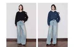 Imagen de TOYOUTH mujeres Denim Jeans 2024 Otoño Invierno nueva cintura media recta pierna ancha pantalones largos
