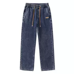 Pantalones vaqueros elásticos de cintura elástica para hombre, ropa de calle suelta, longitud completa, pantalones vaqueros rectos de pierna ancha con cordón, azul oscuro - online store