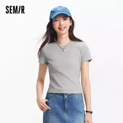 Semir-Camiseta de manga corta para mujer, Top recortado bordado ajustado informal, Top básico con cuello redondo y hombros descubiertos, novedad de verano 2025