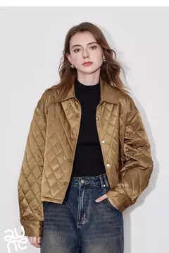 TOYOUTH Chaqueta de algodón para mujer 2024 Otoño e Invierno nuevo estilo de dinero viejo rejilla cuello POLO botón a presión Chaqueta corta abrigo marrón