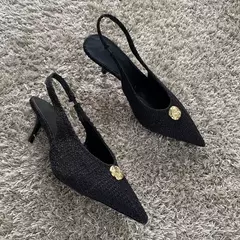 Image of Zapatos de tacón alto negros a la moda para mujer, zapatos de tacón sexis con boca poco profunda y puntiaguda, zapatos de oficina con talón descubierto para primavera 2025