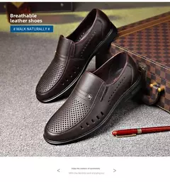 Imagen de Zapatos de cuero genuino, mocasines para Hombre, zapatos de cuero informales de negocios, mocasines suaves clásicos, zapatos planos transpirables para Hombre