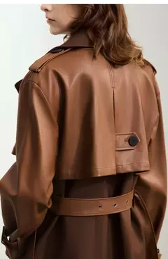 AMII gabardina minimalista para mujer 2024 Otoño Invierno nueva sarga empalmada de cuero PU prendas de vestir exteriores largas para ir al trabajo 12444001 - Eleganzie