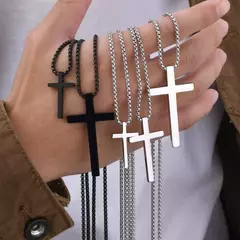 Vnox Collares cruzados para hombres y mujeres, colgante de cruz gruesa de acero inoxidable de color negro y plateado simple con cadena de caja