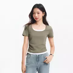 Semir-Camiseta de manga corta para mujer, Top corto falso de dos piezas, versátil, novedad de verano 2021, Top ajustado con cuello en U, adelgazante para estilo elegante en internet