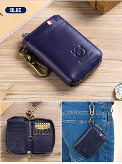 Imagen de BULLCAPTAIN, bolso para tarjetas y llaves de cuero genuino para hombre, caja para llaves multifunción de alta calidad, llavero para coche, billetera, Mini tarjetero, Clip para llaves