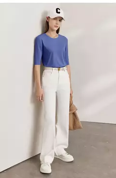 Imagen de AMII minimalismo 2025 camisetas de verano para mujer nuevo algodón elástico media manga recta sólida básico Oficina señora Tops 12412016