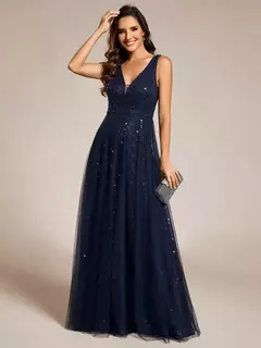 Preciosos vestidos de noche con cuello en V, sin mangas, cintura alta, tul transparente con lentejuelas, vestido de dama de honor azul marino Ever Pretty 2025 - comprar en línea