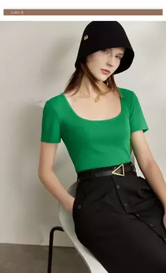 AMII-camisetas minimalistas para mujer, camisetas con cuello en U, cómodas, elásticas, ajustadas, versátiles, de manga corta, para verano 2024 12342288 - Eleganzie
