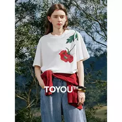 TOYOUTH-Camiseta de manga corta para mujer, jersey versátil con estampado de terciopelo Lyocell, primavera 2025