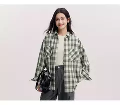 Semir camisa de manga larga para mujer estilo medio largo de gran tamaño primavera 2025 nueva primavera Top a cuadros Vintage en internet