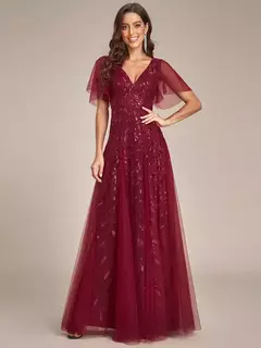 Vestido de noche elegante con escote en V profundo, mangas con volantes y mangas cortas, vestido de dama de honor con lentejuelas de gasa azul cielo 2025 en internet