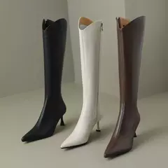 QUTAA-Botas hasta la rodilla de cuero genuino para mujer, zapatos de tacón alto fino, botas de motocicleta para fiesta, talla 34-39, 2024 - buy online