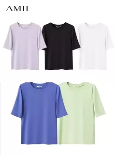 AMII minimalismo 2025 camisetas de verano para mujer nuevo algodón elástico media manga recta sólida básico Oficina señora Tops 12412016 en internet
