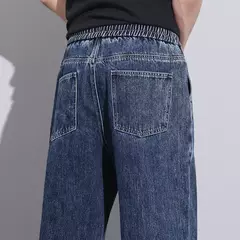 Pantalones vaqueros elásticos de cintura elástica para hombre, ropa de calle suelta, longitud completa, pantalones vaqueros rectos de pierna ancha con cordón, azul oscuro - Eleganzie