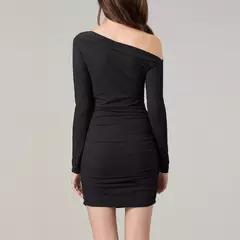 Minivestido fruncido con hombros descubiertos para mujer, vestido ajustado de manga larga con cuello oblicuo de Color sólido para fiesta y Club en internet