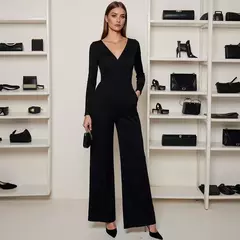Mia Muse-monos para mujer, para todas las estaciones, francés, elegante, Color sólido, cintura en diseño, manga larga, cuello pronunciado, pierna ancha, adecuado para