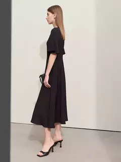 Amii-Vestidos minimalistas de verano para mujer, traje liso con cuello redondo, malla empalmada, manga larga con volantes, cintura francesa, 2024 - comprar en línea