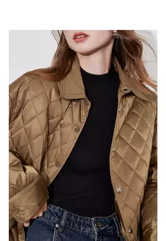 TOYOUTH Chaqueta de algodón para mujer 2024 Otoño e Invierno nuevo estilo de dinero viejo rejilla cuello POLO botón a presión Chaqueta corta abrigo marrón - Eleganzie