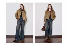 Imagen de TOYOUTH Chaqueta de algodón para mujer 2024 Otoño e Invierno nuevo estilo de dinero viejo rejilla cuello POLO botón a presión Chaqueta corta abrigo marrón