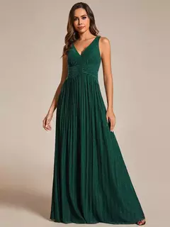 Imagen de Vestidos de noche elegantes Brillante Sin mangas Plisado Cintura imperio 2025 Ever Pretty of Lentejuelas Una línea Azul marino Vestido de dama de honor