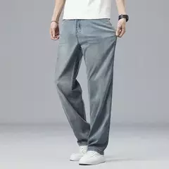 2025, nuevo verano, pantalones vaqueros ultrafinos de Lyocell para hombre, tela suave drapeada, pantalones vaqueros informales rectos sueltos, pantalones elásticos de seda helada para hombre en internet