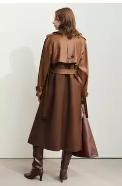 AMII gabardina minimalista para mujer 2024 Otoño Invierno nueva sarga empalmada de cuero PU prendas de vestir exteriores largas para ir al trabajo 12444001 - online store