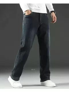 Image of Pantalones vaqueros elásticos de cintura alta para hombre, Jeans clásicos de negocios informales para oficina, a la moda, color azul marino, otoño e invierno, nuevos