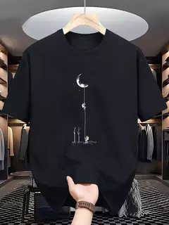 Image of Camiseta holgada informal de algodón puro 100% de verano para hombre, camiseta de manga corta con estampado de aterrizaje de Luna de talla grande y cuello redondo