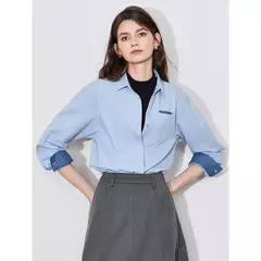 Image of TOYOUTH informal-Blusa de manga larga para mujer, camisa con cuello vuelto, diseño de bolsillo, Color contrastante, otoño, 2024