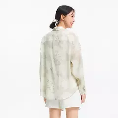 Semir camisa de manga larga para mujer de longitud media de gran tamaño ajuste relajado 2025 nueva camisa de verano con estampado completo de tinta para estilo moderno y artístico - tienda en línea