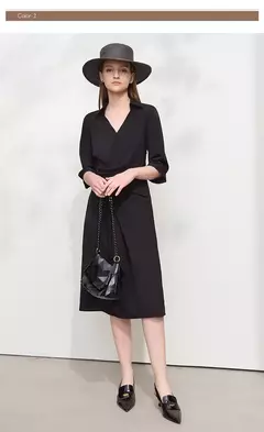AMII vestido minimalista mujer 2025 primavera nuevo elegante Oficina señora solapa cuello pico ajustado no elástico plisado hasta la rodilla vestido acampanado 12521027 - Eleganzie