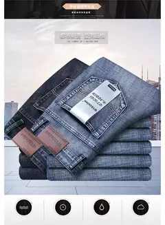 Image of 2025 moda cuatro estaciones clásico azul negro trabajo pantalones vaqueros hombres Jeans Casual recto estiramiento ropa de marca masculina