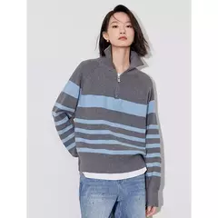 TOYOUTH-suéter de punto para mujer, suéter con capucha y cuello tipo Polo con cremallera a rayas, otoño e invierno, 2024 - Eleganzie