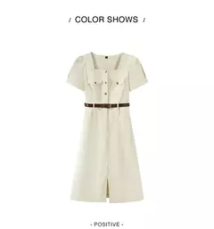 Semir-vestido Midi con abertura y escote cuadrado para mujer, traje utilitario lavado con sal, Estilo Vintage, verano, 2024 on internet