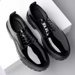 Imagen de Estilo juvenil punta redonda estilo británico tacón bajo con cordones ropa de trabajo diaria informal zapatos de cuero para hombres
