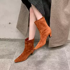 QUTAA-Botines de piel auténtica con tacón cónico para mujer, botas de tacón alto de Metal con punta cuadrada, talla 34-39, para otoño e invierno, 2025