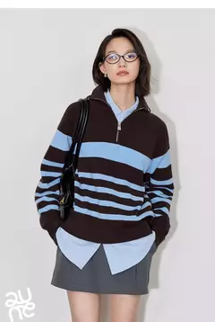 TOYOUTH-suéter de punto para mujer, suéter con capucha y cuello tipo Polo con cremallera a rayas, otoño e invierno, 2024