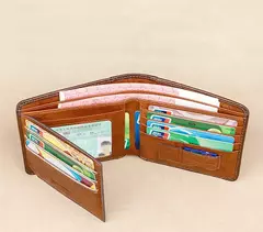 Cartera corta triple con protección RFID para hombre, monedero con Clip para billetes de cuero genuino de vaca Horizontal, regalos en internet